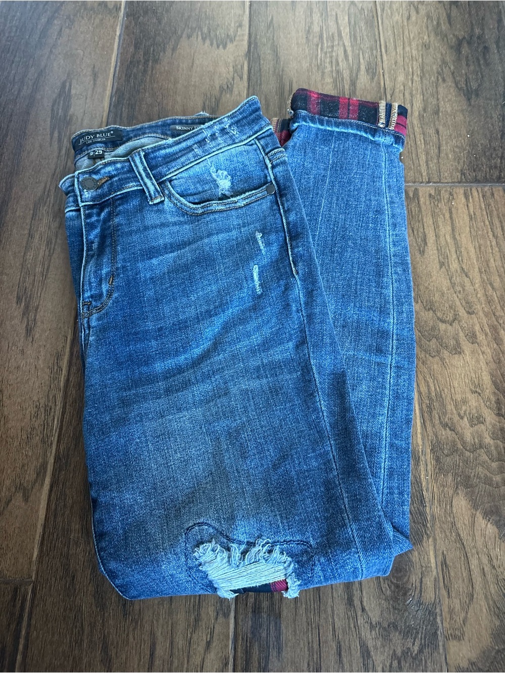 Judy Blue Mid-Blue Skinny Jeans with Red Plaid Cuff